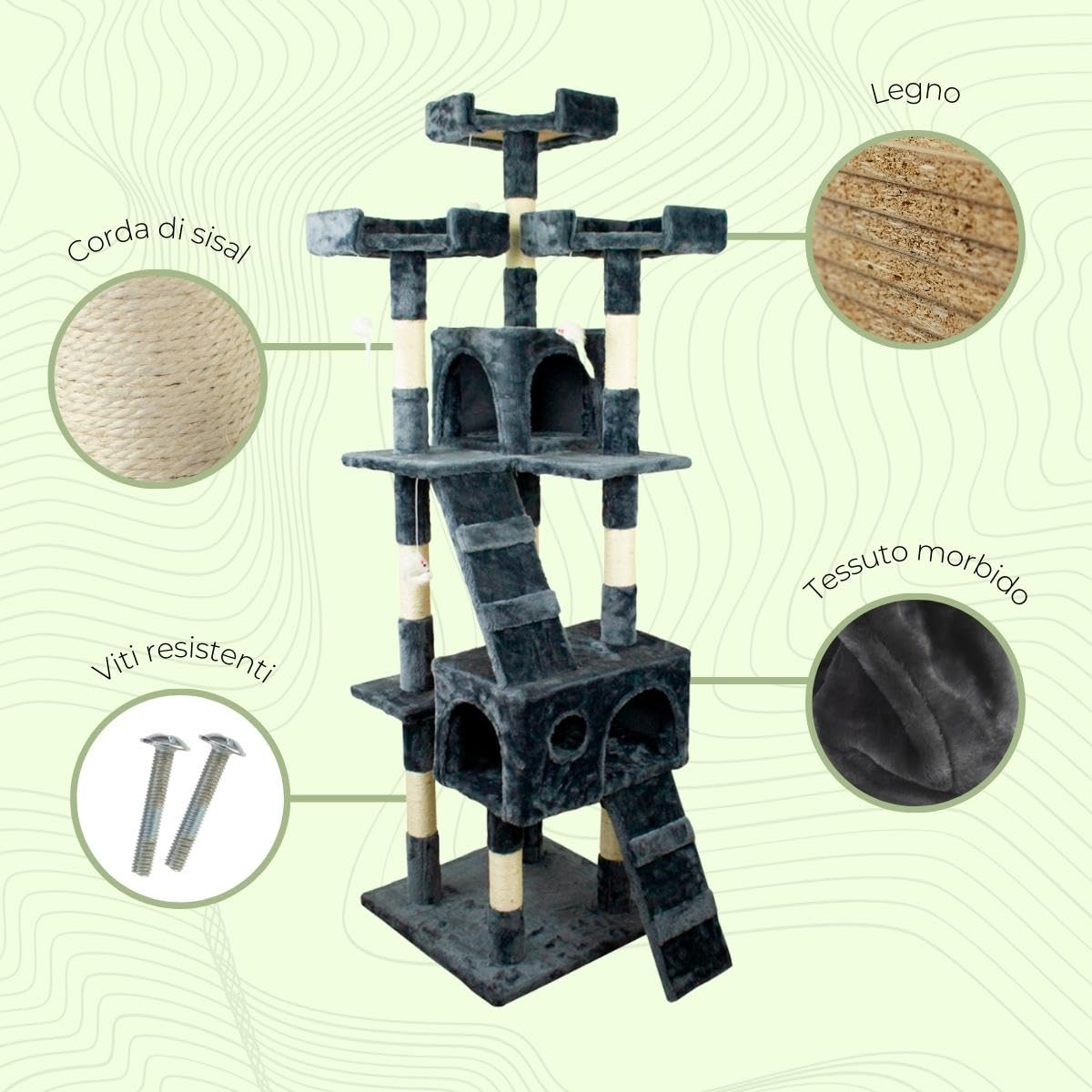 Mobiclinic® Pets, Albero tiragraffi per gatti, Modello Tom, Marca Europea Grande, Per arrampicarsi, 4 altezze, Con piani e rifugi, Anti-stress, Corda di sisal, colore Grigio