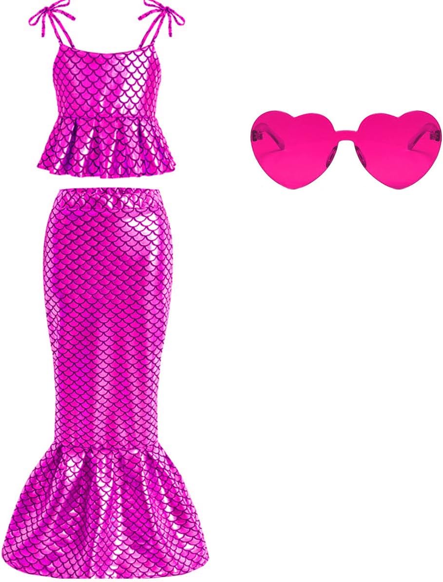Girls Mermaid Dress Set Maxi Skirts Sleeveless Tie Shirts 4-12Y