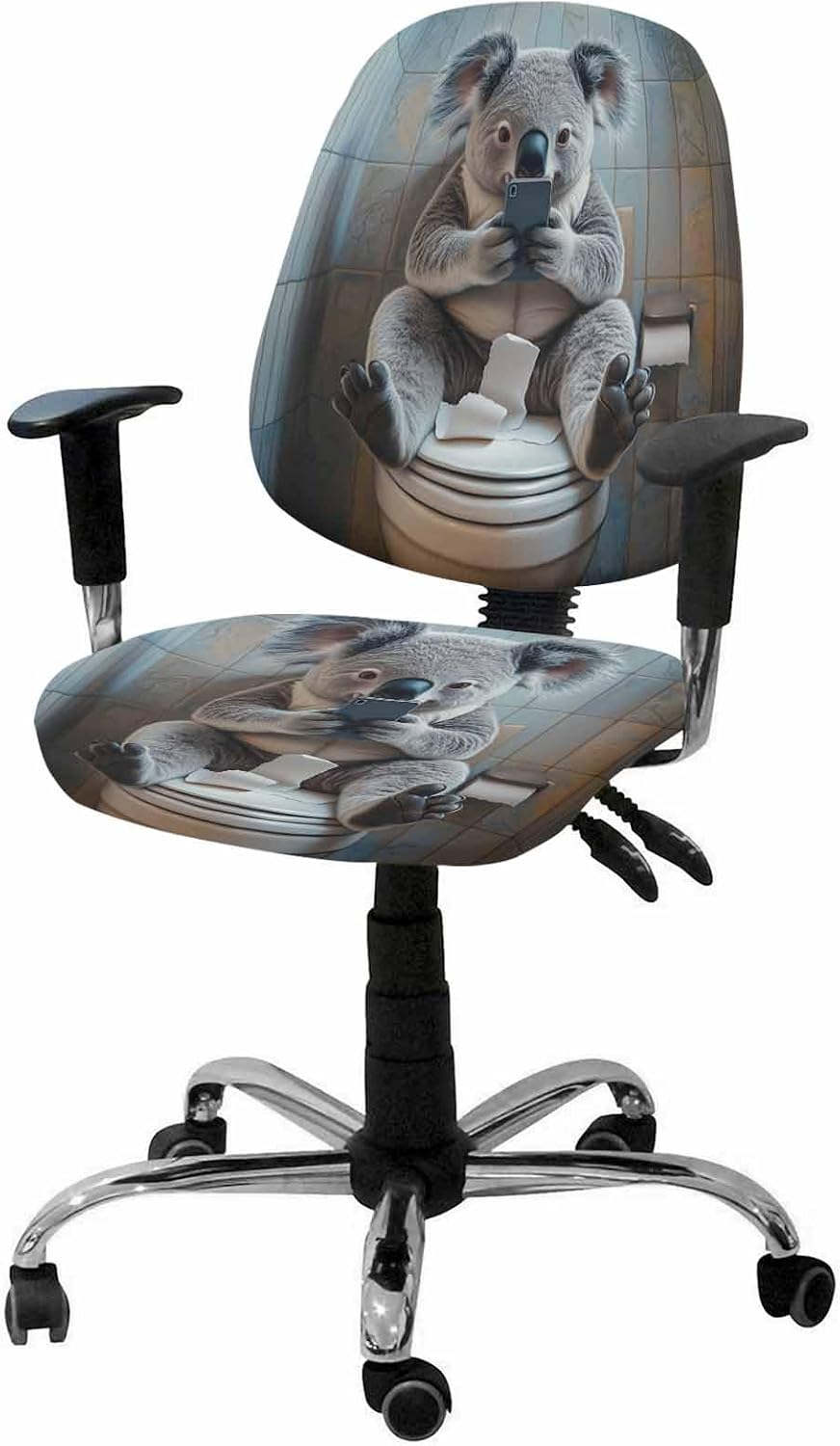 Office Chair Covers,Cute Koala Sitting on The Toilet Stretchable Computer Chair Cover Rotating Gaming Chairs Slipcovers Universal Seat&Back Protector Set,Funny Animal Looking Phones