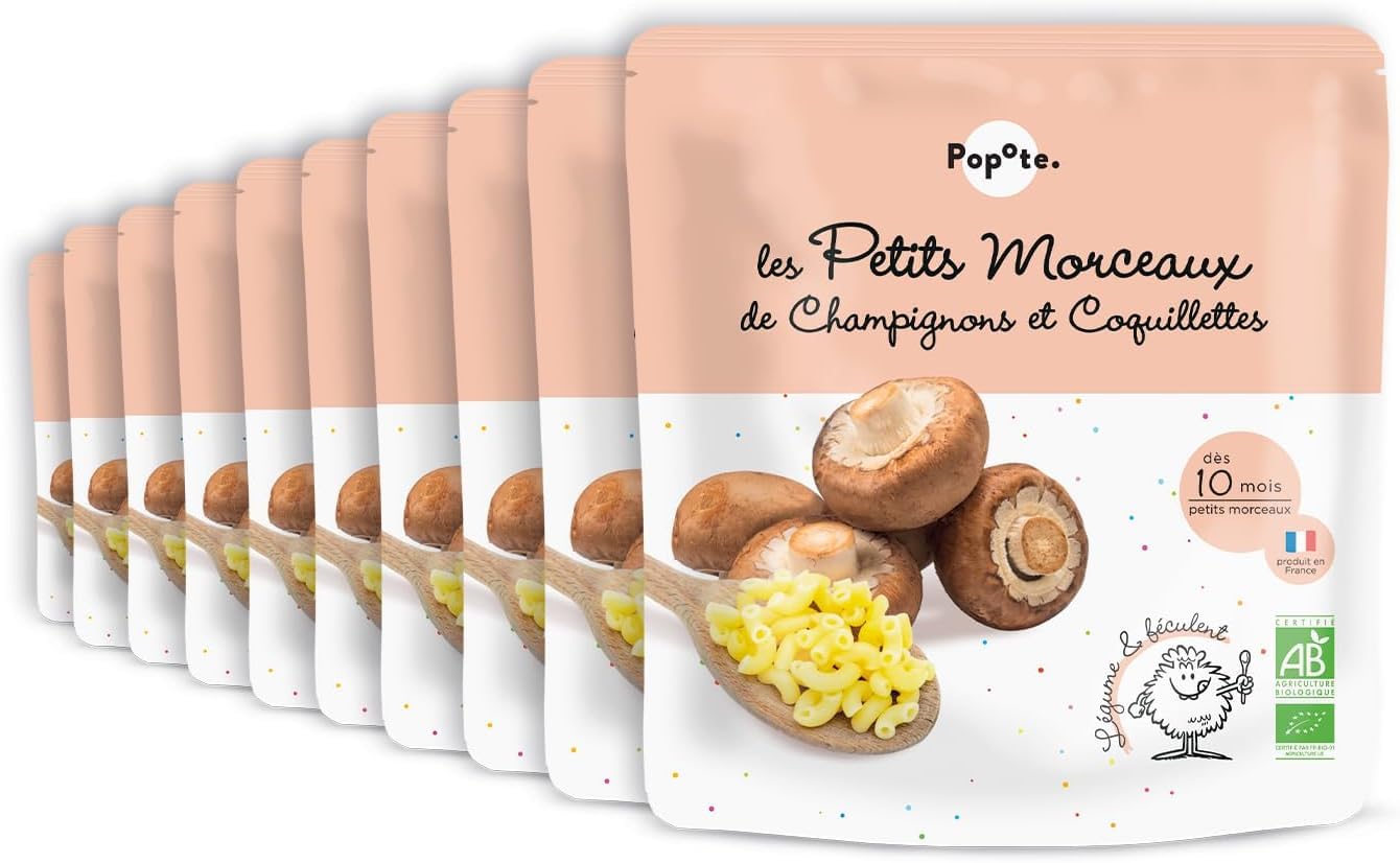 POPOTE - Petits Morceaux Champignons Coquillettes Bio - Repas Bébé Dès 10 Mois - Sachet Individuel 190g - Recette Simple et Équilibrée - Format Pratique à Emporter - Pack Familial 10 x 190g