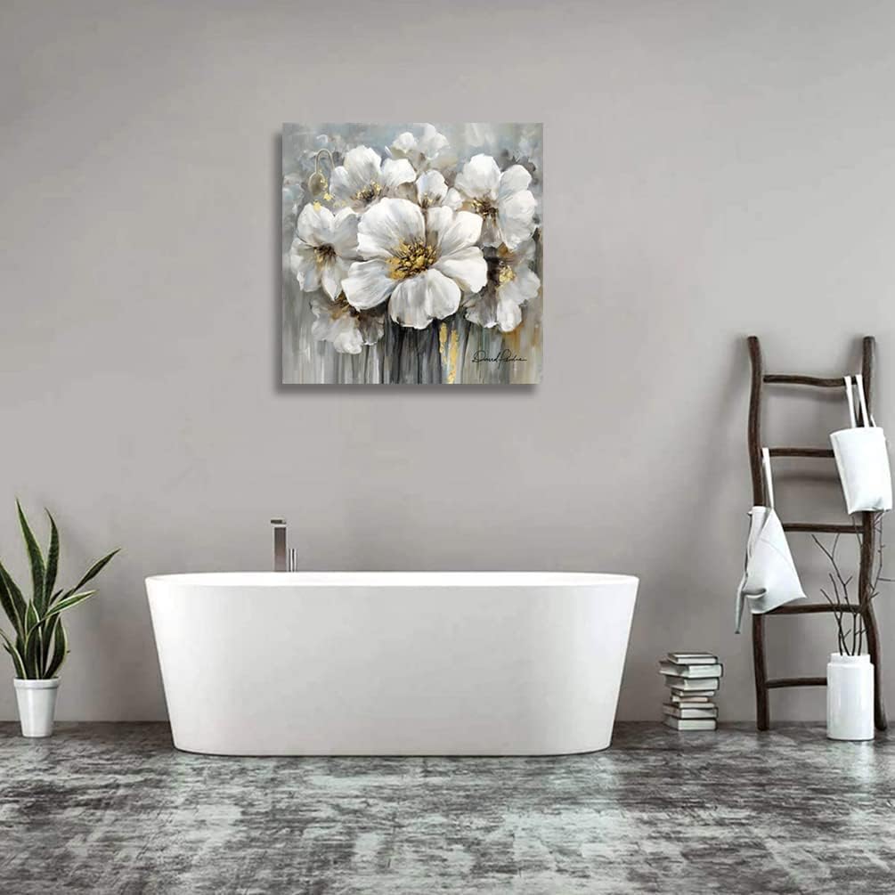 Woxfcart Living Room Flower Canvas Wall Art, White Floral Picture with Gold Decoration for Gray Bedroom Home Office Decor 30 x 30 Inch