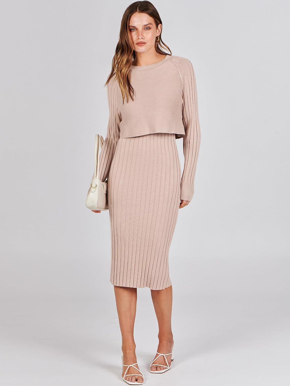 ANRABESS Womens 2 Piece Outfits Sweater Dresses Set Midi Skirt Sets Long Sleeve Crop Top Bodycon Ribbed Knit Dress 2025 Fall - Image 2