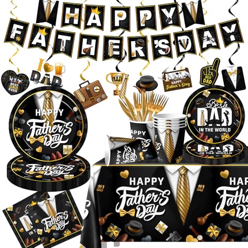 Fathers Day Tableware,178pcs Father's Day Party Supplies Include Father's Day Napkins and Plates Cups Tablecloth Banner Hanging Swirls Fathers Day Decorations for Party,serves 24