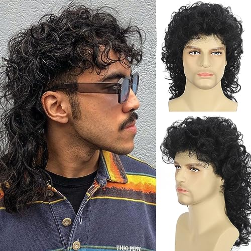 Daiaces Curly Mullet Wigs for Men 80s Black Long Curly Wigs Hippie Rocking 80s Party Cosplay Costume Anime Heat Resistant Synthetic Hair Wig 70s Wig