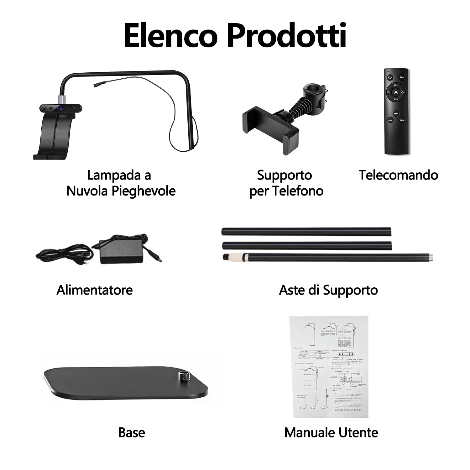 yAyusi Lampada per Ciglia da Terra a Nuvole con Supporto Telefono, Pieghevole Retrattile Lampada per Extension Ciglia, Luce ad Anello di Bellezza a LED Dimmerabile per Cura della Pelle/Tatuaggi (Nero)