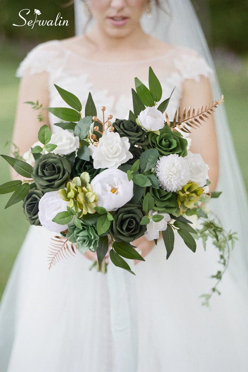 Serwalin Artificial Flowers Green Real Looking Fake Roses Silk Flowers with Stems for DIY Wedding Bouquets Out/Indoor Centerpieces Flowers Decor Arrangements Party Baby Shower Home Cake Decor