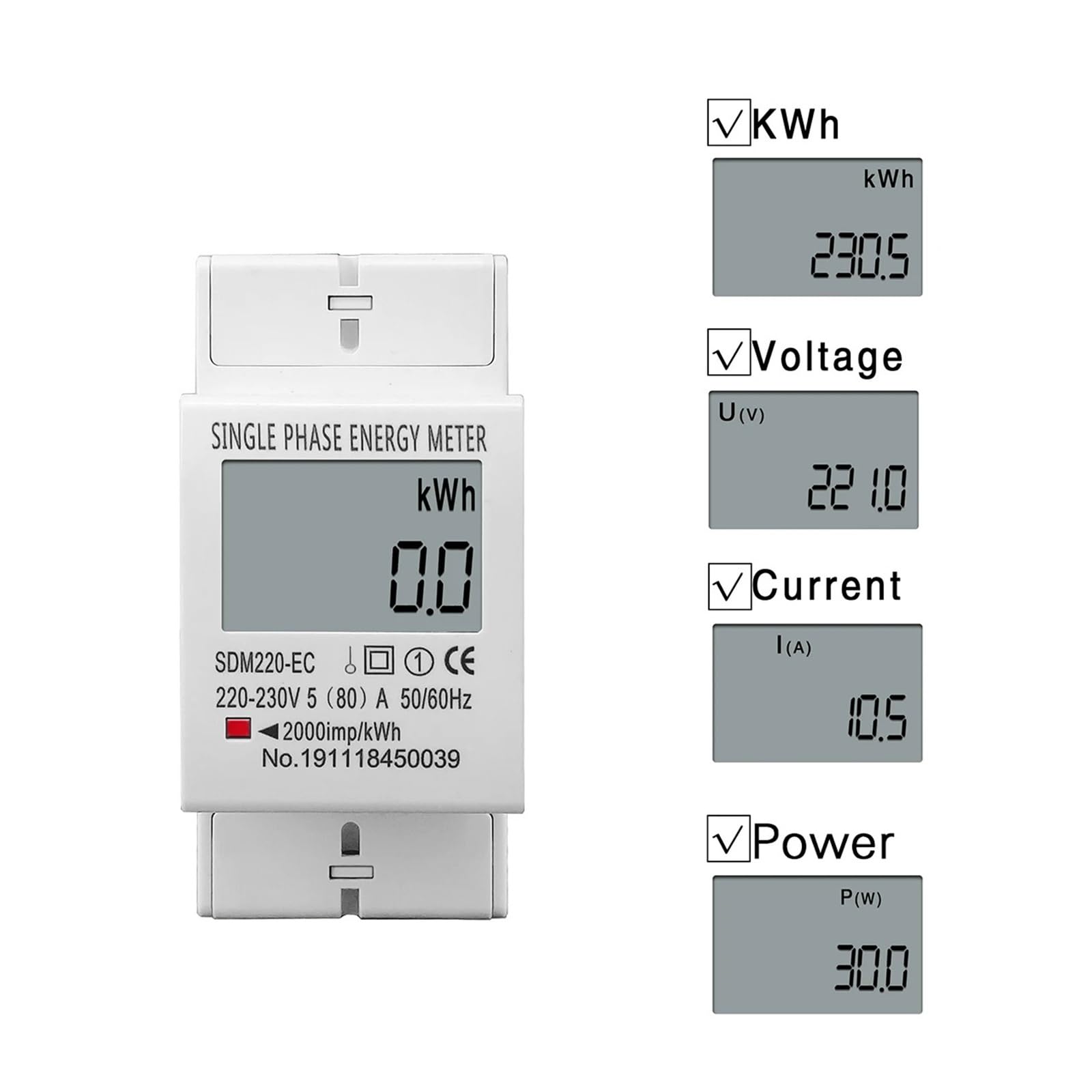 Licznik energii 80A Szyna Din Jednofazowy Dwuprzewodowy AC 220 V 230 V 50 Hz/60 Hz Cyfrowy wyświetlacz Zużycie energii Licznik energii elektrycznej kWh(Without Backlight)