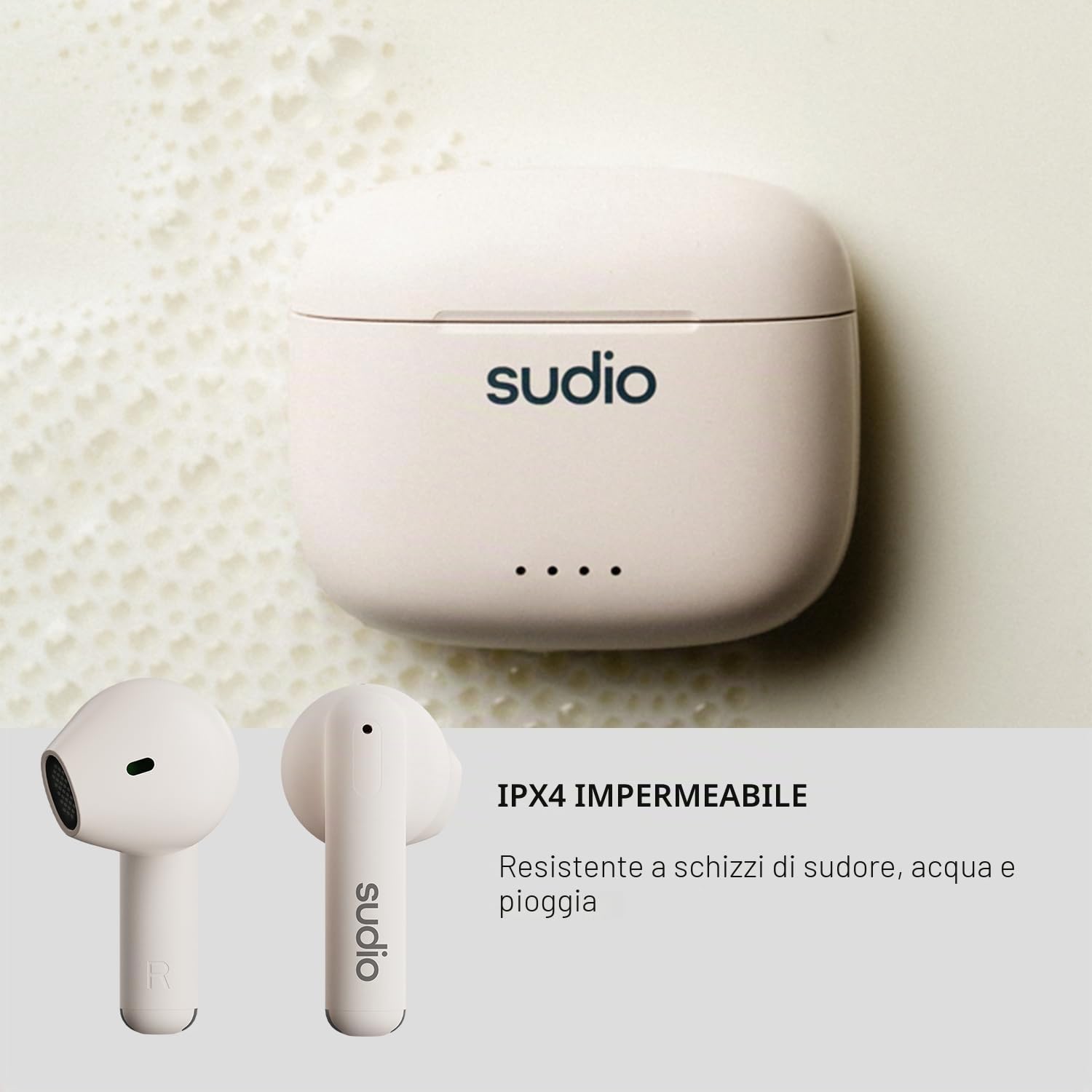 Sudio A1 Snow White, Auricolari con Bluetooth, Touch Control con base di ricarica wireless compatta IPX4, cuffie silenziose con microfono integrato, Premium Crystal Sound