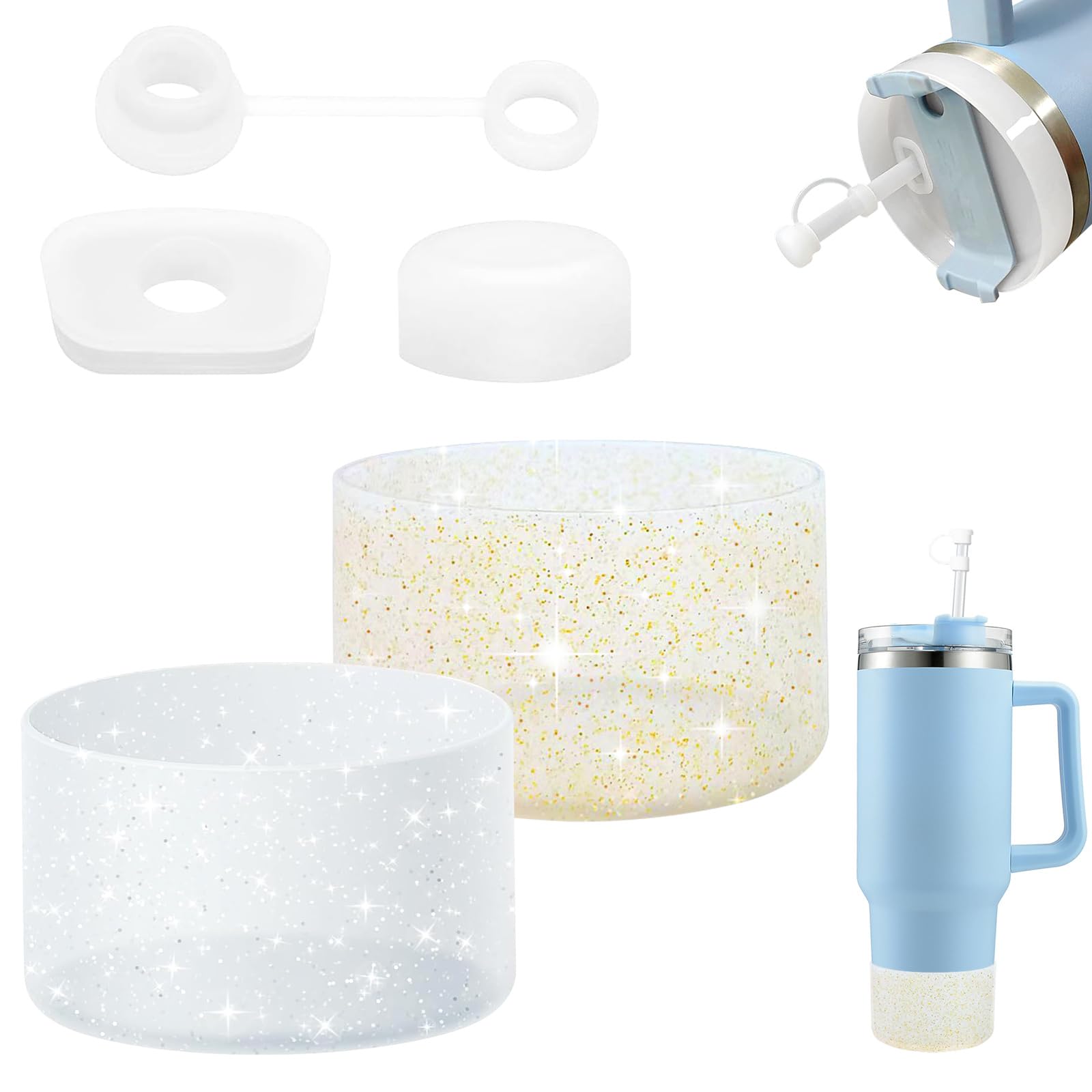5 Accessori In Silicone Per Stanley Cup - Protezione Fondo, Antigoccia, Decorazioni Glitter - Foto 3