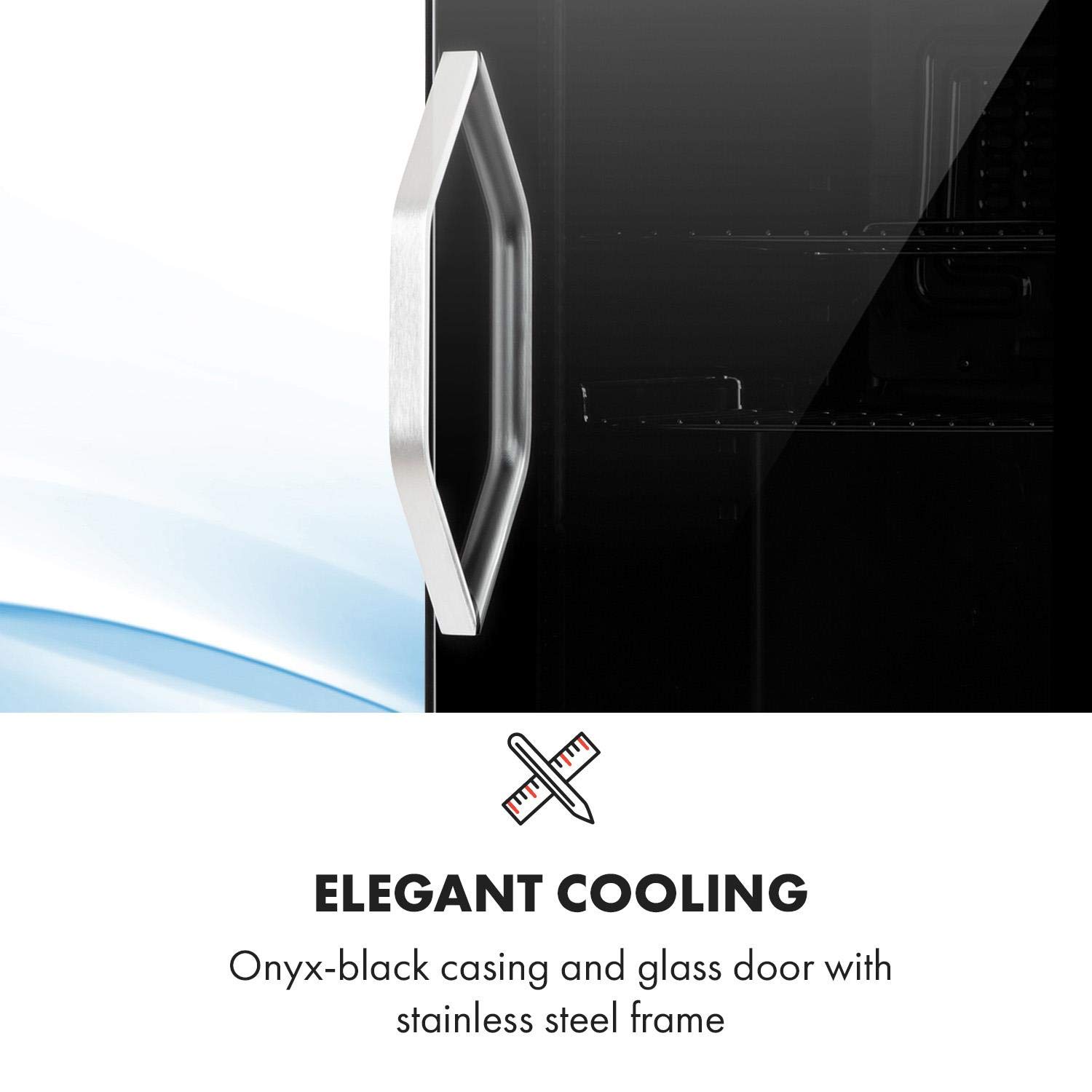 Klarstein Beersafe Onyx - Lodówka na napoje, 5 poziomów chłodzenia, klasa efektywności energetycznej C, 42 dB, 2 elastyczne metalowe półki, oświetlenie LED, lodówka na butelki, szklane drzwi z czarną ramą, 35 L - Onyx