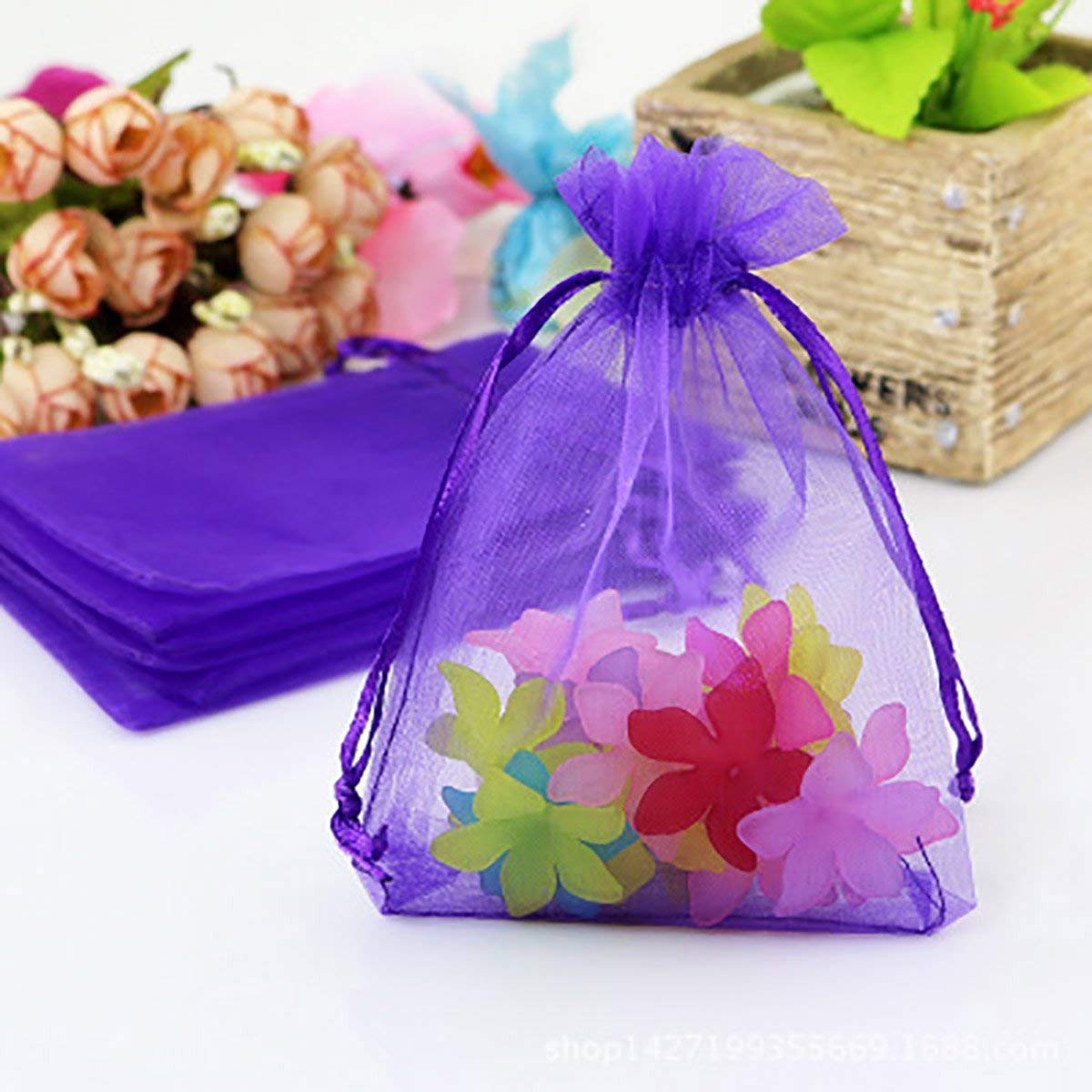 100pcs 3-1/2W 4-1/2L Organza Drawstring Pouch Jewelry Wedding Favor Party Festival Gift Candy Bags, 3.5" x 4.5", Purple