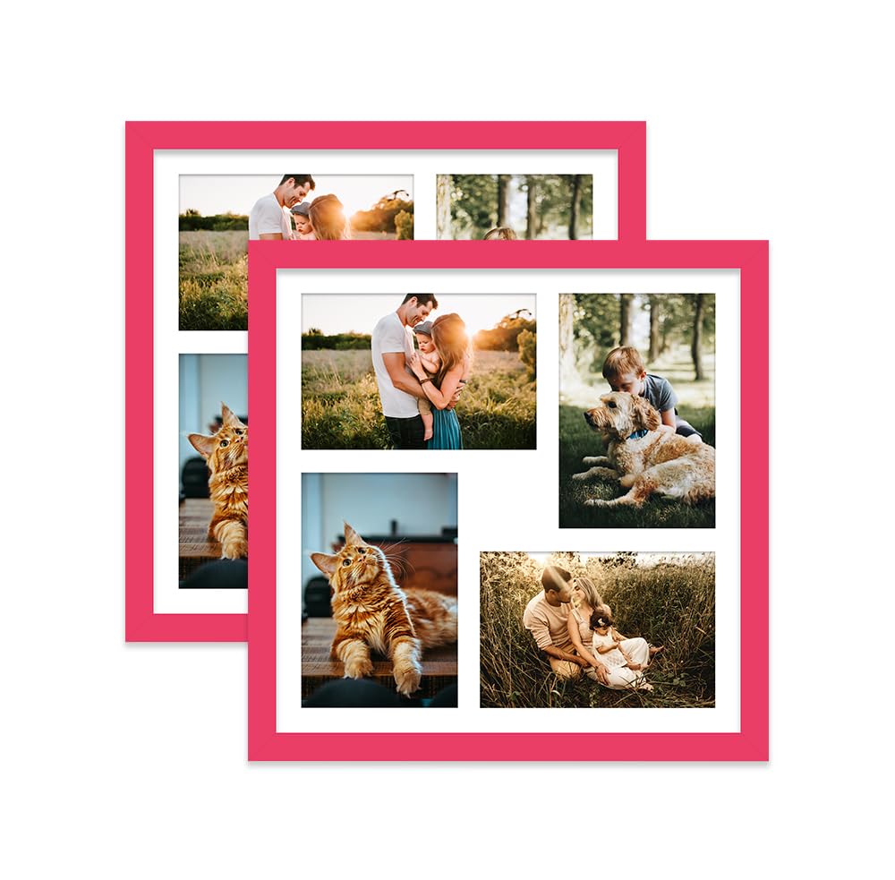 Bright Pink Multi Photo Frame - Holds 4 x 6x4 Pictures, Family Collage Picture Frame for Wall Display, 12x12 Frame size, Set of 2