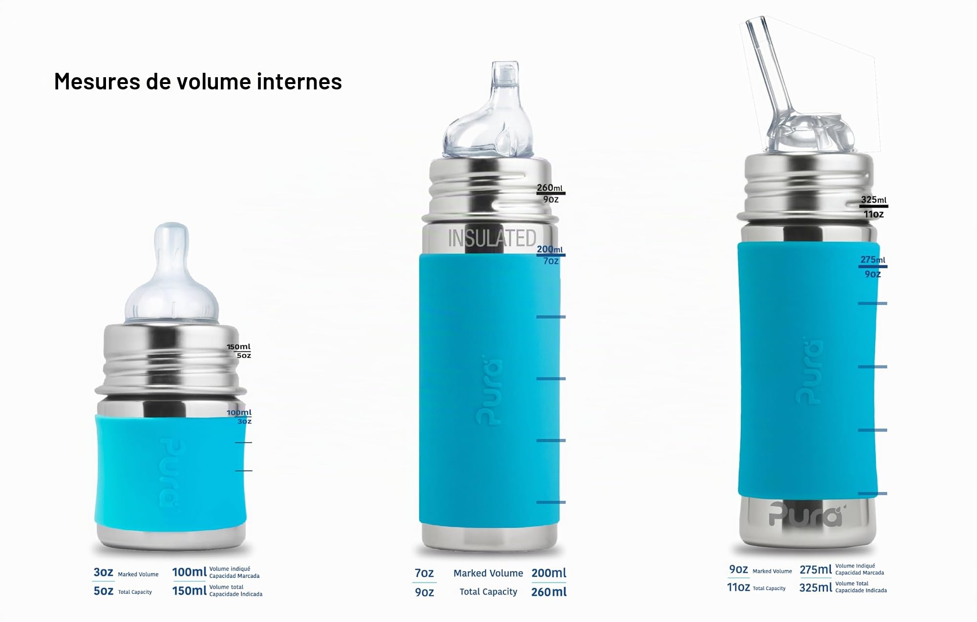Pura Kiki Biberon en acier inoxydable Bleu 325 ml