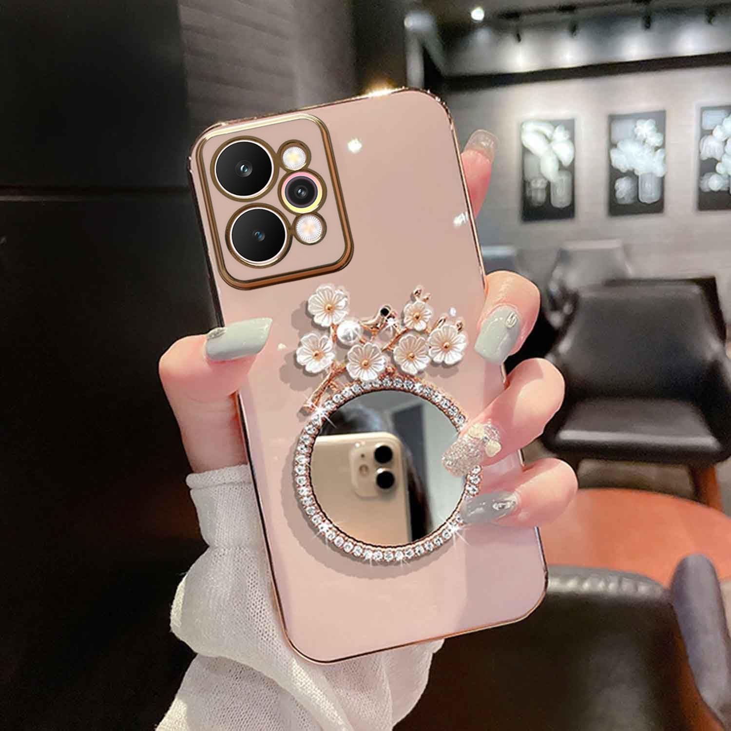 KC Back Cover for Realme 15 5G - Round Flower Mirror Electroplated Soft Silicone Camera Protection Case - Pink-image-41