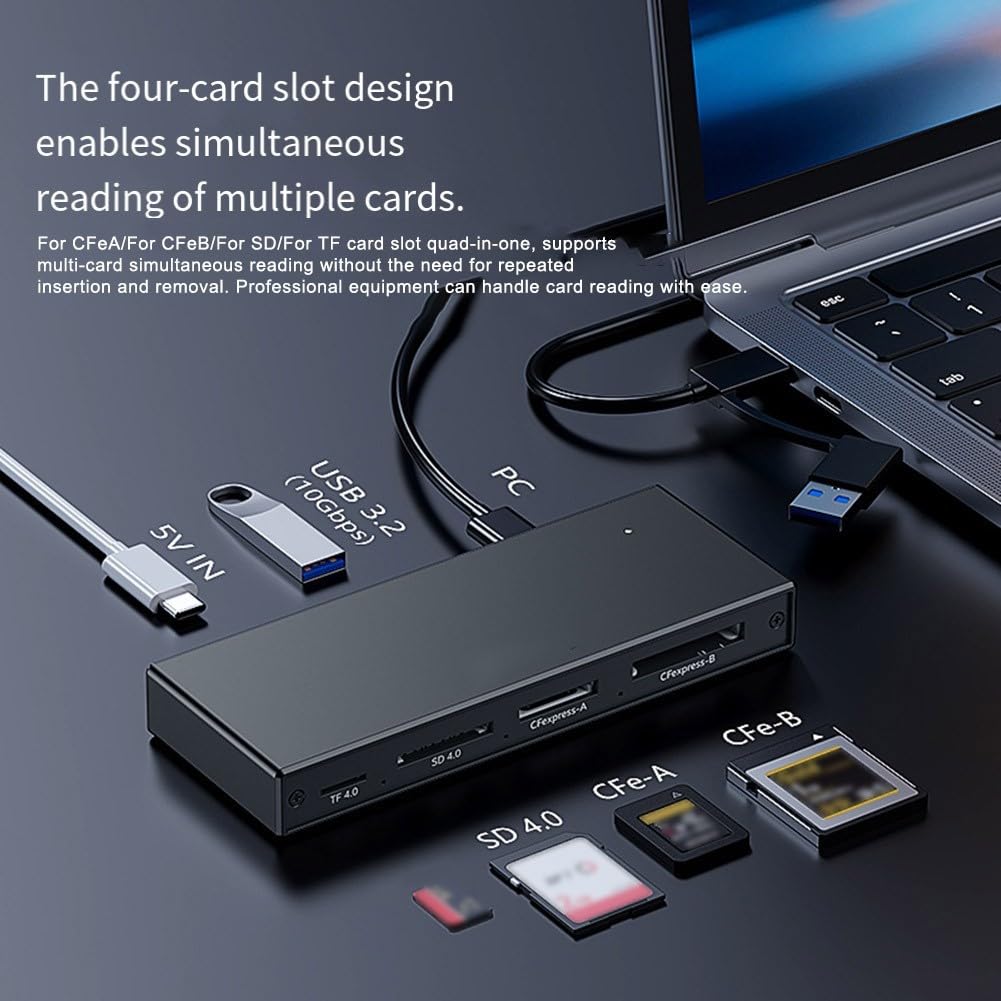 Lettore Schede 5-in-1 USB 3.2 CFeA CFeB per sd TF Lettore Schede | Supporta CFeA, CFeB, per sd, TF; ideale per fotocamere professionali e droni