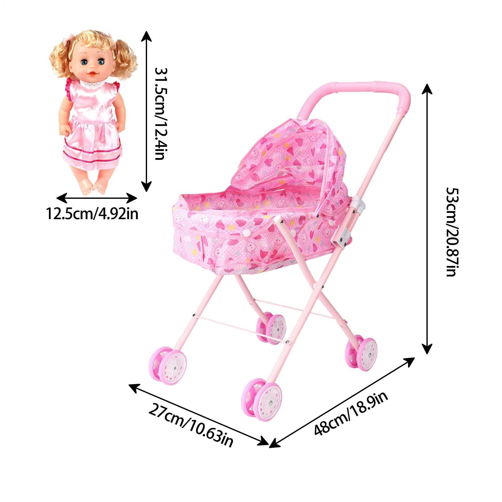Babypuppenwagen, Puppenbuggy für Kinder, Puppenbuggy, Faltbarer und Leichter Puppenbuggy mit Korb, Puppenbuggy für Rollenspiele