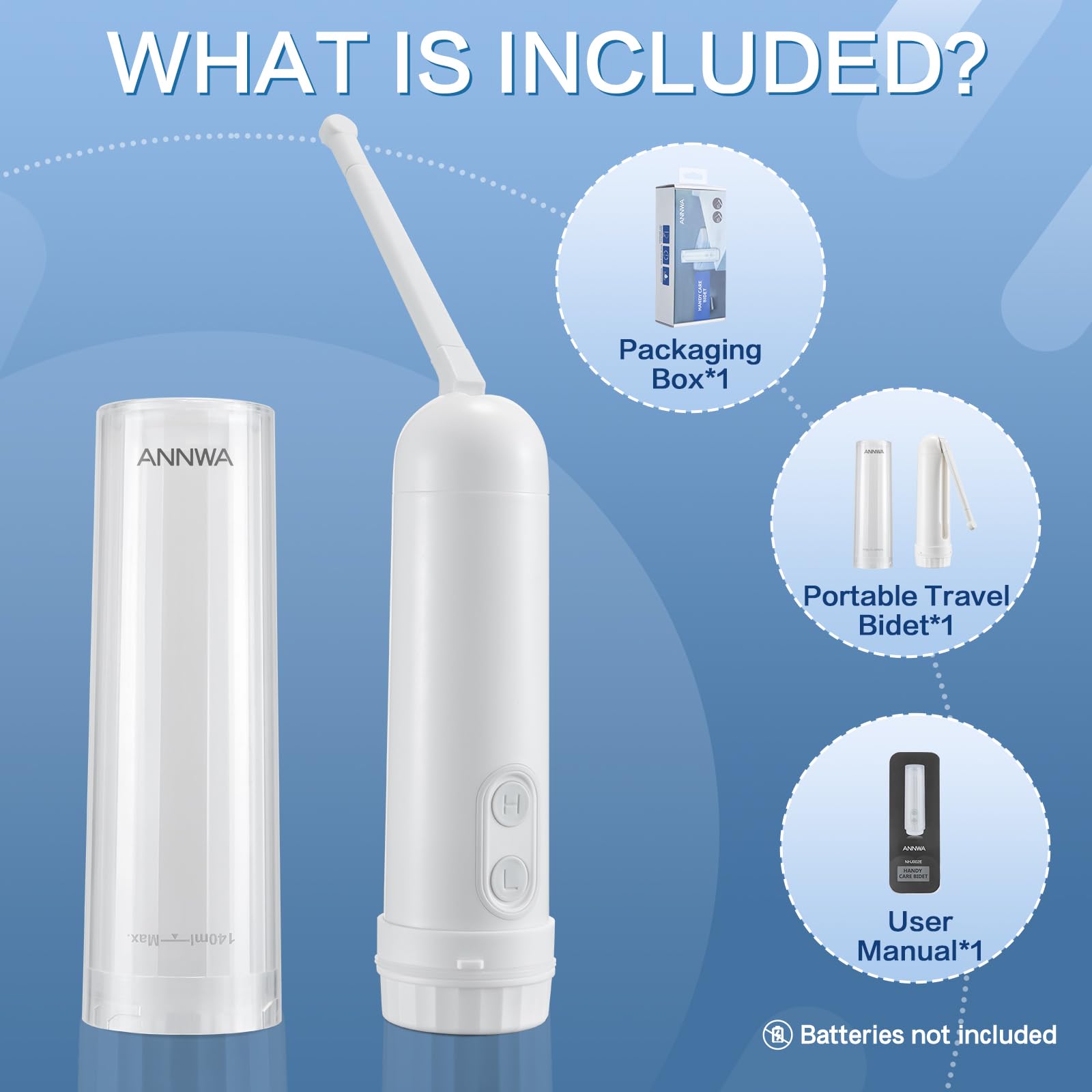 Bidet portatile leggero da viaggio, ugello regolabile a 180°, modalità forte/morbido, impermeabile IPX6, 140 ml alimentato a batteria per musulmani, donne, dopo il parto, neonati e adulti