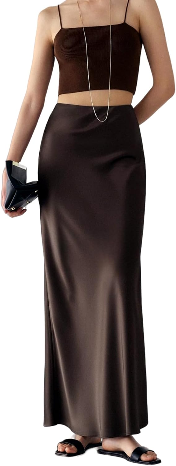 JUMISEE Women's Elegant Satin Silky High Waist Maxi Skirt Flowy A Line Long Skirt Zipper Bodycon Pencil Skirt