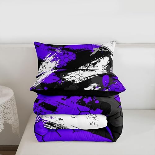 Miniatura 7 de Juego de edredón de panal de abeja, juego de ropa de cama de camuflaje negro y morado, geométrico, ejército, edredón de plumón abstracto, colmena