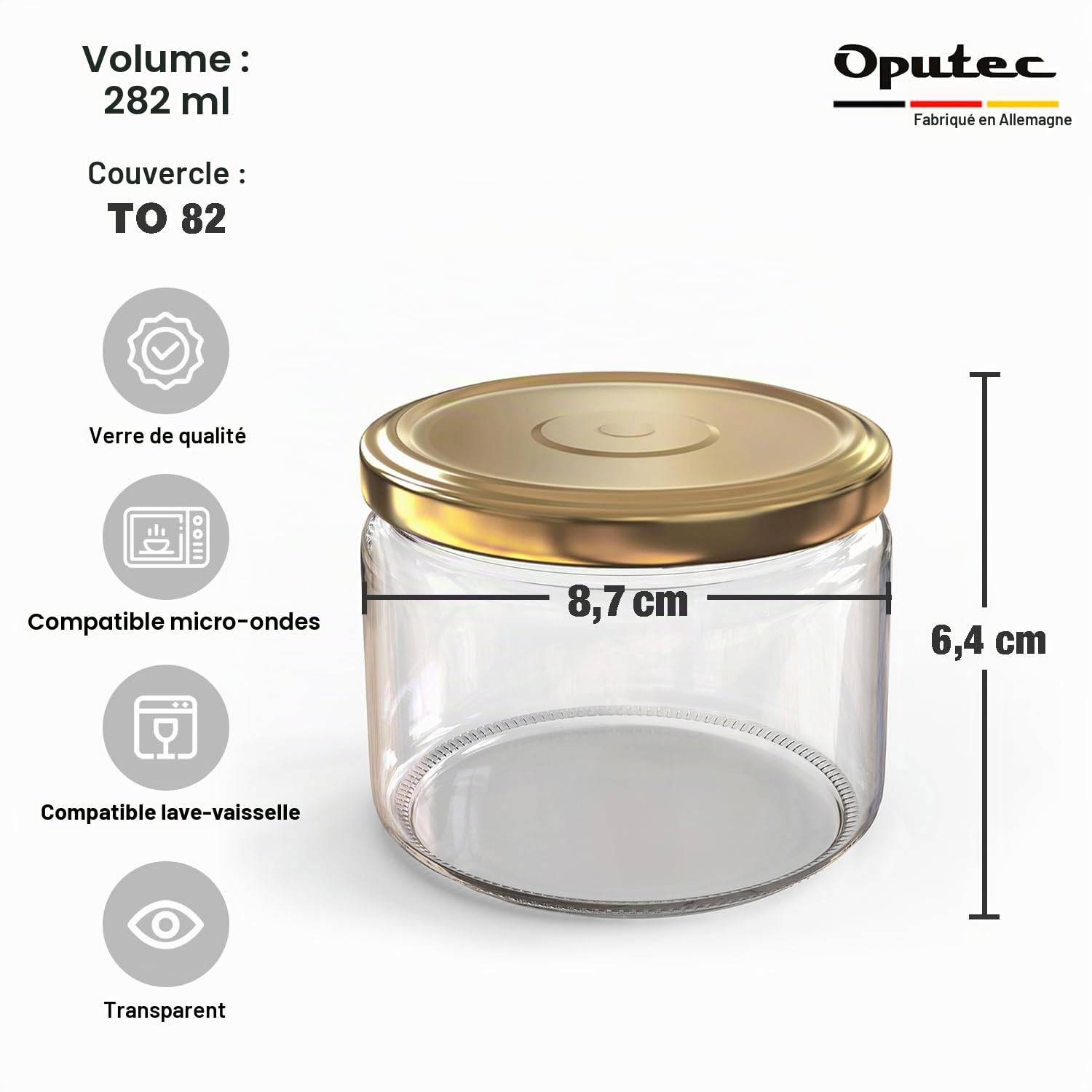 Oputec Lot de 48 bocaux de 282 ml avec couvercles à visser dorés – Parfaits pour les confitures, les confitures et plus encore, petits bocaux avec couvercle, parfaits comme pots à confiture et bocaux