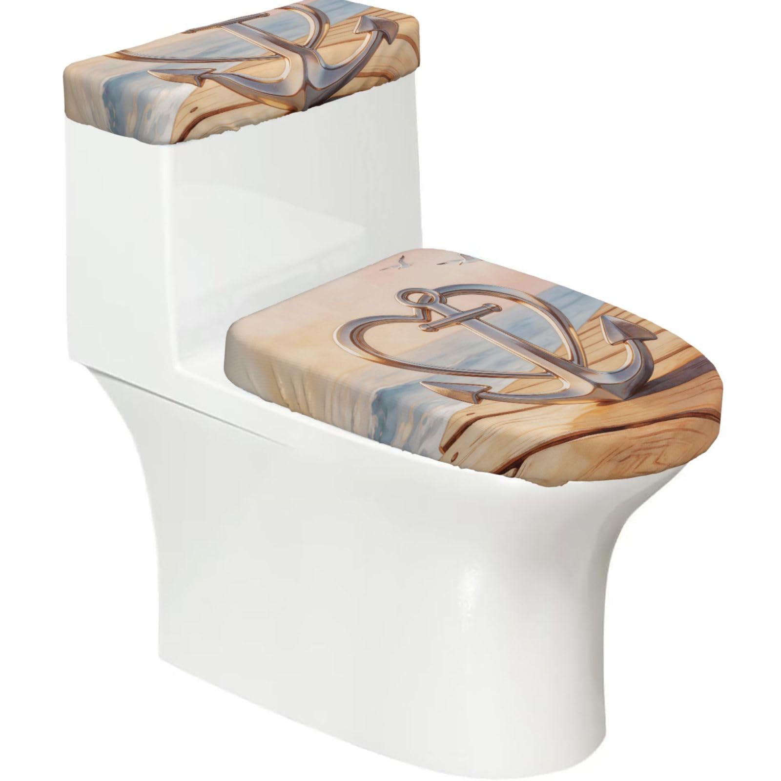 Heart Anchor Elastic Toilet Cover Set of 2-Stretchy Lid and Tank Covers for Bathroom, Soft Washable U Shape Toilet Decor