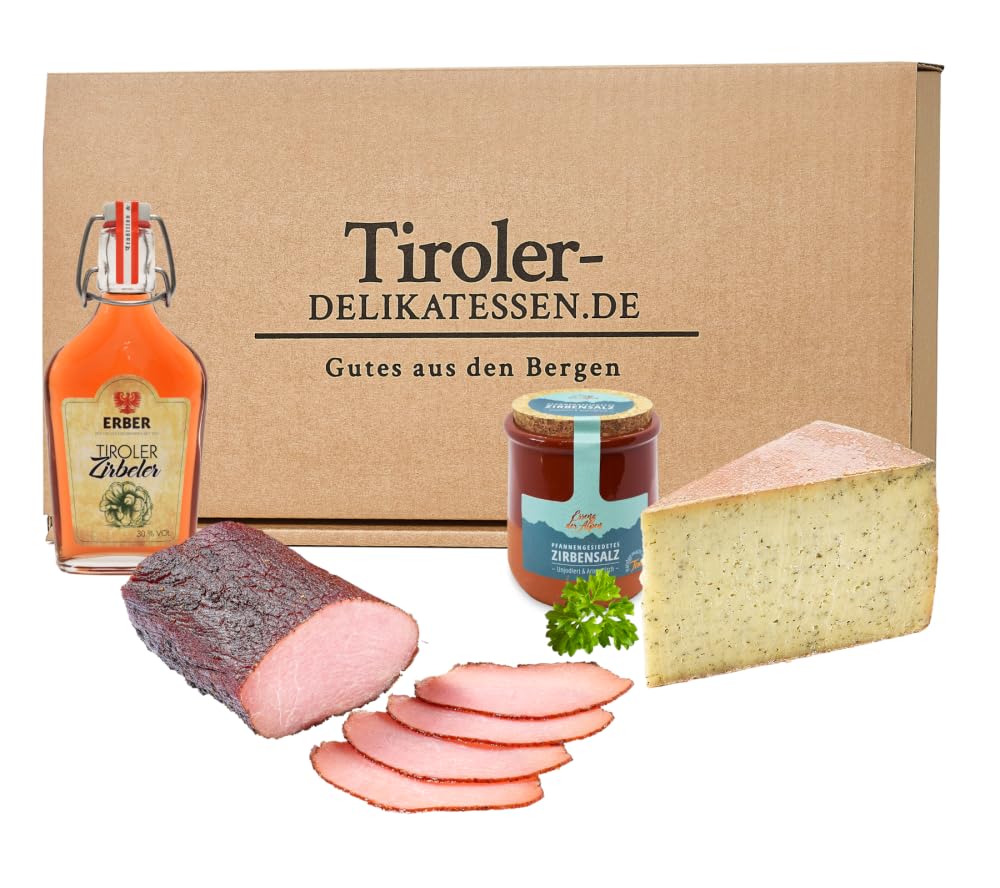 Almgourmet, Gourmetgeschenk, Geschenkset "Feierabend" - 1330g + 0,95l - kulinarisches Geschenk - mit Käse, Wein und Mehr