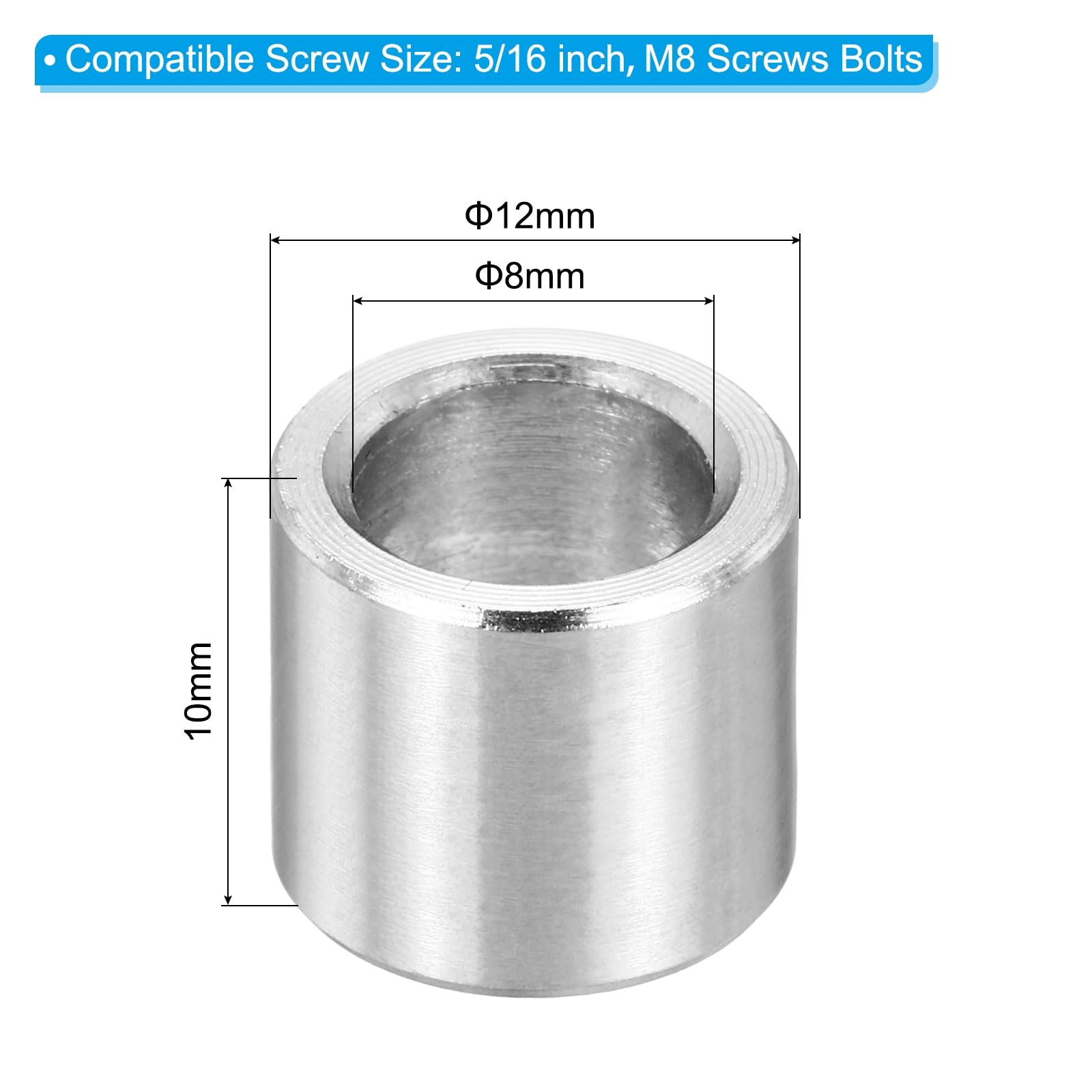 PATIKIL M8 Stainless Steel Spacers, 12Pcs Metal Spacer 8mm ID x 12mm OD x 10mm L Screws Standoff for 5/16" or M8 Screw - Image 2