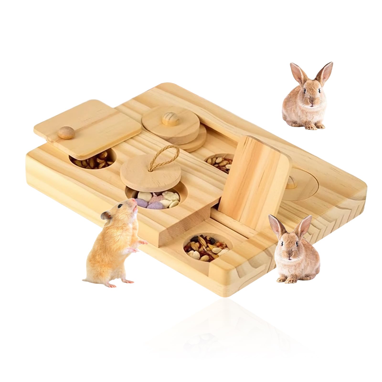 NYHWBI 6 in 1 Guinea Pig Foraging Toys, Wooden Hamster Foraging Toy Interactive Rabbit Toys with Food Holes for Small Animals Hamsters Rabbits Guinea Pig