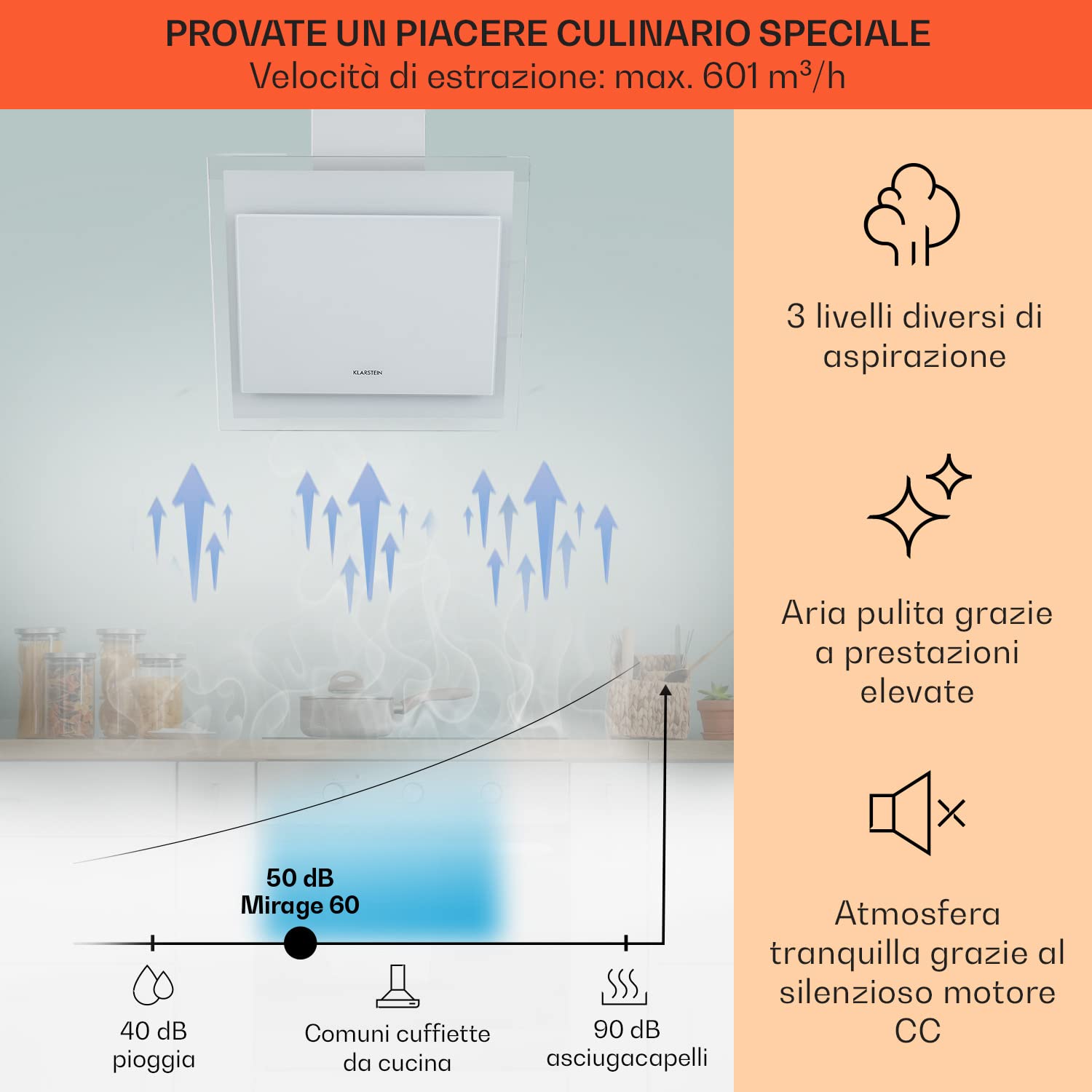 Cappa Aspirante Da Incasso 60cm Klarstein - Portata 563 M³/h, LED RGB, Classe A - Foto 6