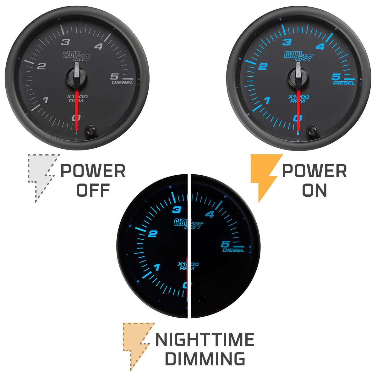 GlowShift Black 7 Color 5,000 RPM Diesel Tachometer Gauge - for 4, 6, 8 Cylinder Diesel Engines - Mounts in Custom Dashboard - Black Dial - Clear Lens - 3-3/8" 85mm
