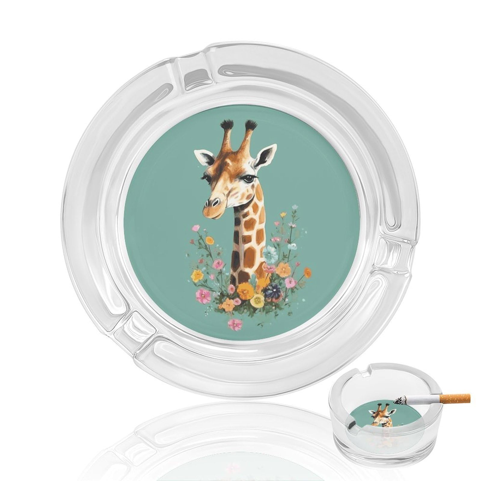 Giraffe with Flowers Glass Ashtray for Cigarette,Cigarette Ashtray for Indoor Or Outdoor Use,Cigar ash trays case with 3 Notches-Glass Decor Gift for Men Smokers