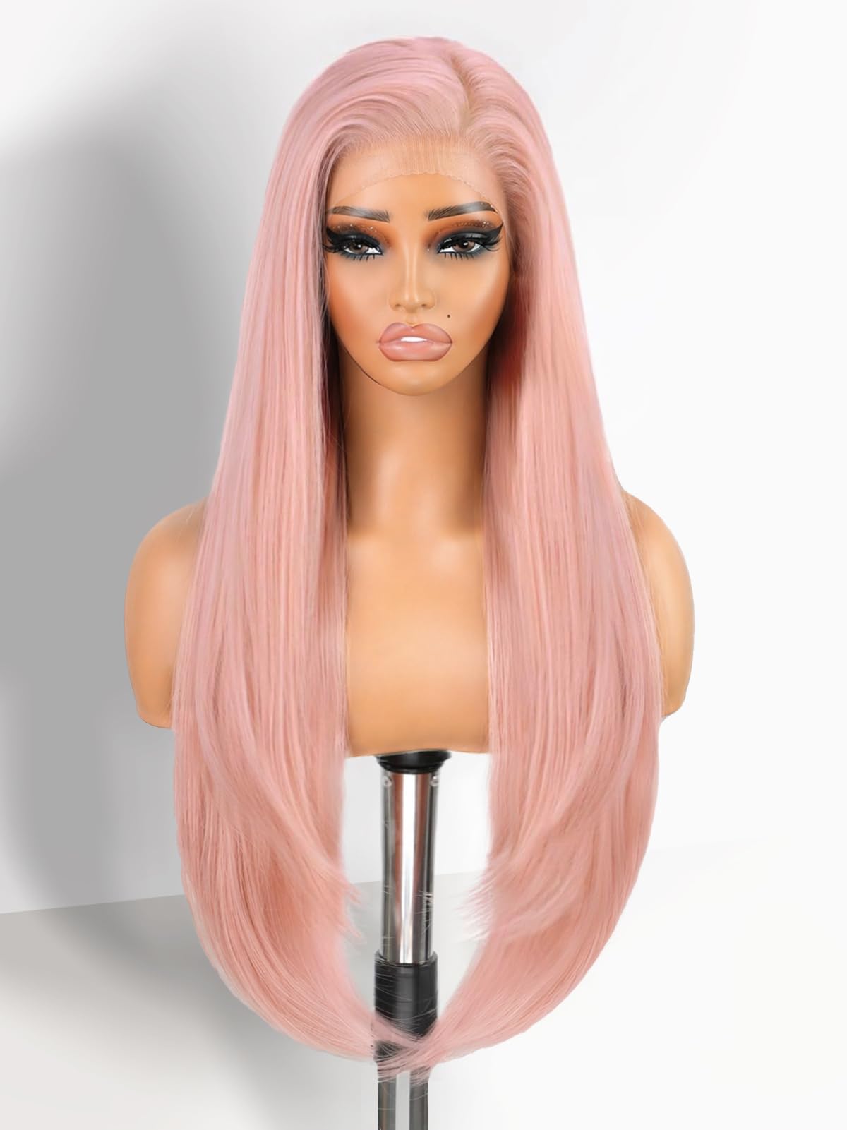 Photo 1 of 13x4 HD Pink Lace Front Wig 30inch Glueless Wear and Go Wig Pre Plucked Natural Straight Wig - Light Pink Lace Front Synthetic Wig Beginner Friendly Natural Hairline for Women Daily Party Cosplay