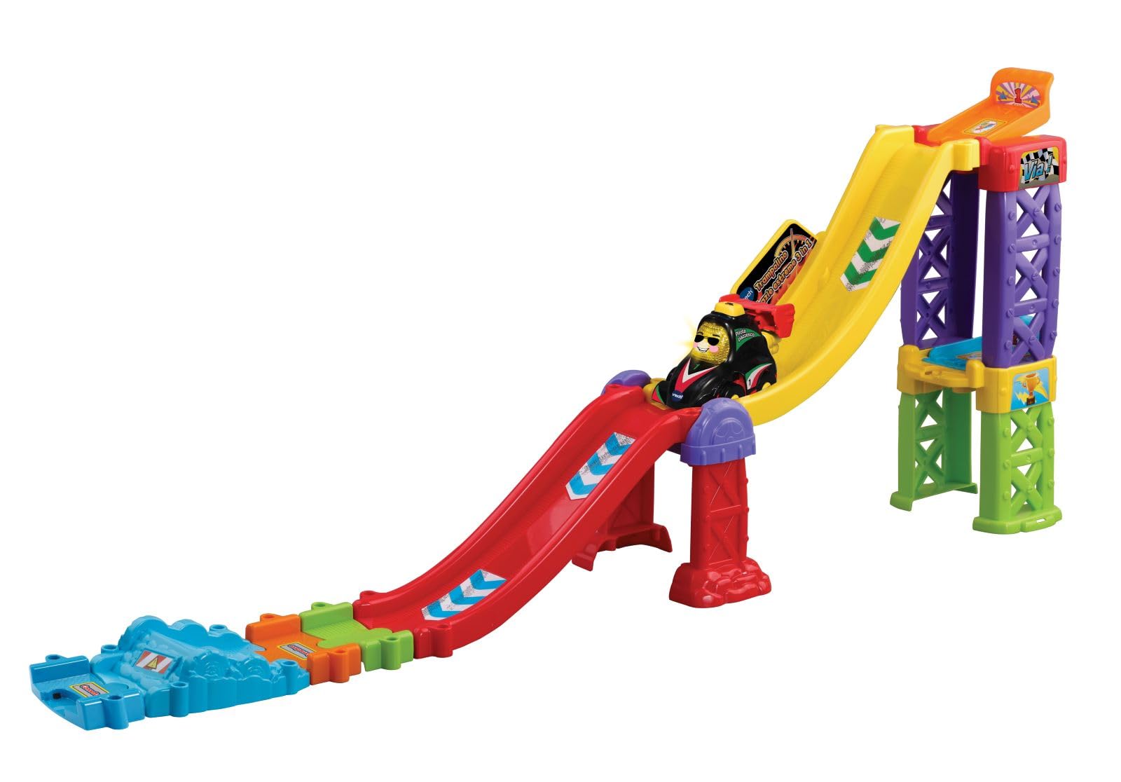 VTech Vroom Vroom Go - Trampolino Acrobazie Estreme 3 in 1, Pista Macchinine con Trampolino, 3 Modalità di Gioco, Incluso 1 Veicolo, 2 Zone Magiche, Lingua Italiana, Batterie Incluse, 1-5 Anni