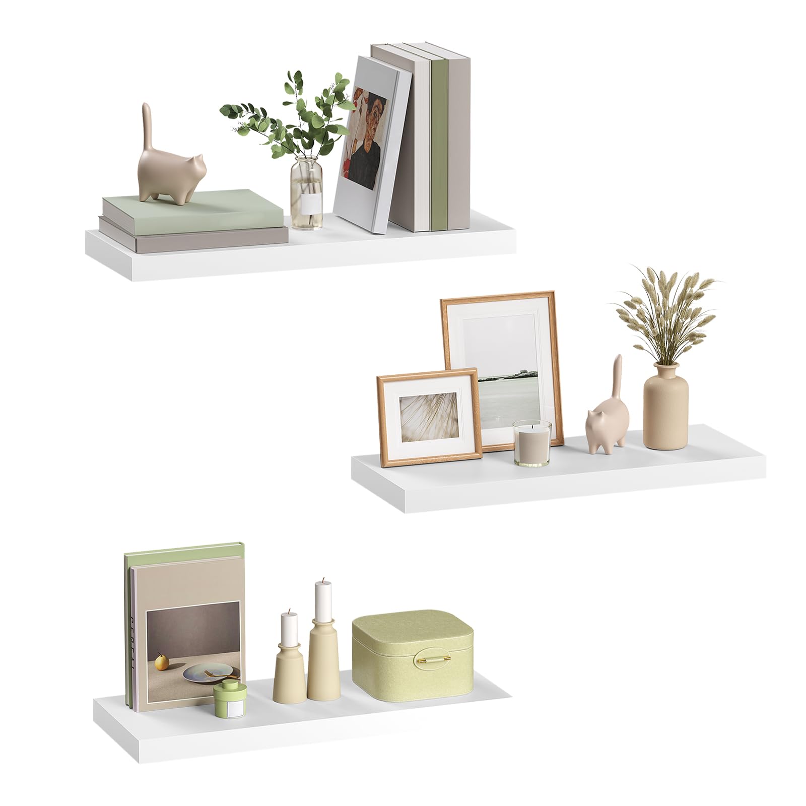 eSituro Set de 3 Estantes Flotantes de Pared Blanco, 50x23x3.8cm | Estanteria madera MDF, decoracion y almacenamiento para cocina, dormitorio y sala, balda facil de instalar, carga 10kg