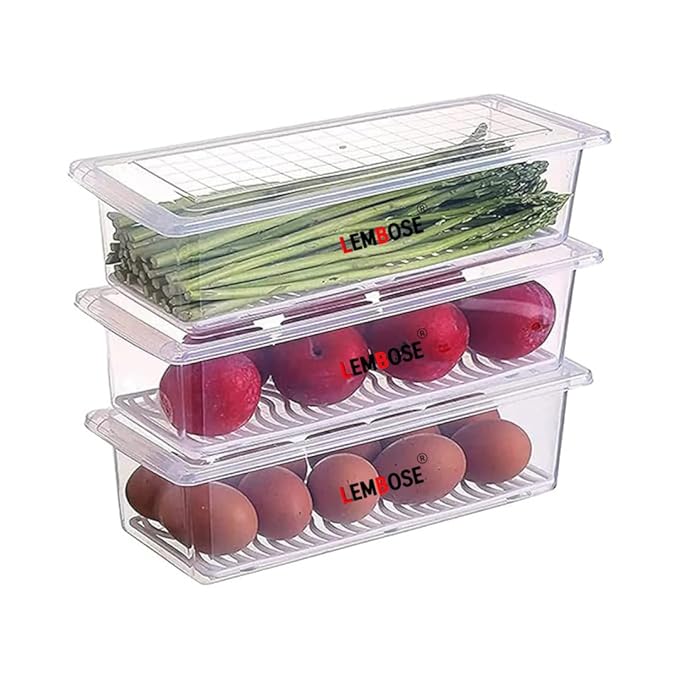 Plastic Food Storage Container,Fridge Organizer Case with Removable Drain Plate Stackable Freezer Storage Containers 1500 ML Keep Fresh for Storing Fish,Meat,Vegetables(Pack Of 2),Transparent