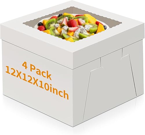 WINKIO Paquete de 4 cajas para pasteles, contenedor desechable de transporte de pasteles, cajas blancas para panadería con ventana grande, para