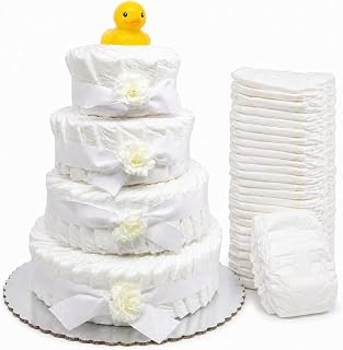 CHOOBLY 100 PC 4-Tier Diaper Cake – Pre-Made Baby Shower Decorate-It-Yourself Centerpiece for Boy or Girl, Gender Neutral Newborn Gift (White, 100 Diapers - 1 Cake)