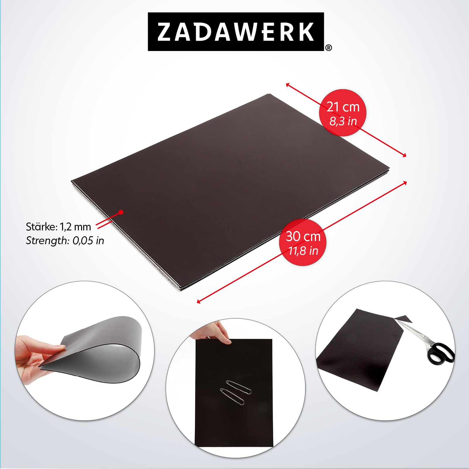ZADAWERK® Film magnétique - 1,2 mm - DIN A4-6 pièces - tableau autocollant, aimanté - noir - fabriquer des aimants pour réfrigérateur - décorer, trier et organiser