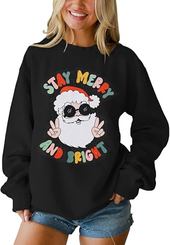 BOUTIKOME Womens Christmas Sweatshirt Santa Claus Stay Merry And Bright Shirt Vintage Santa Graphic Crewneck Sweater Top