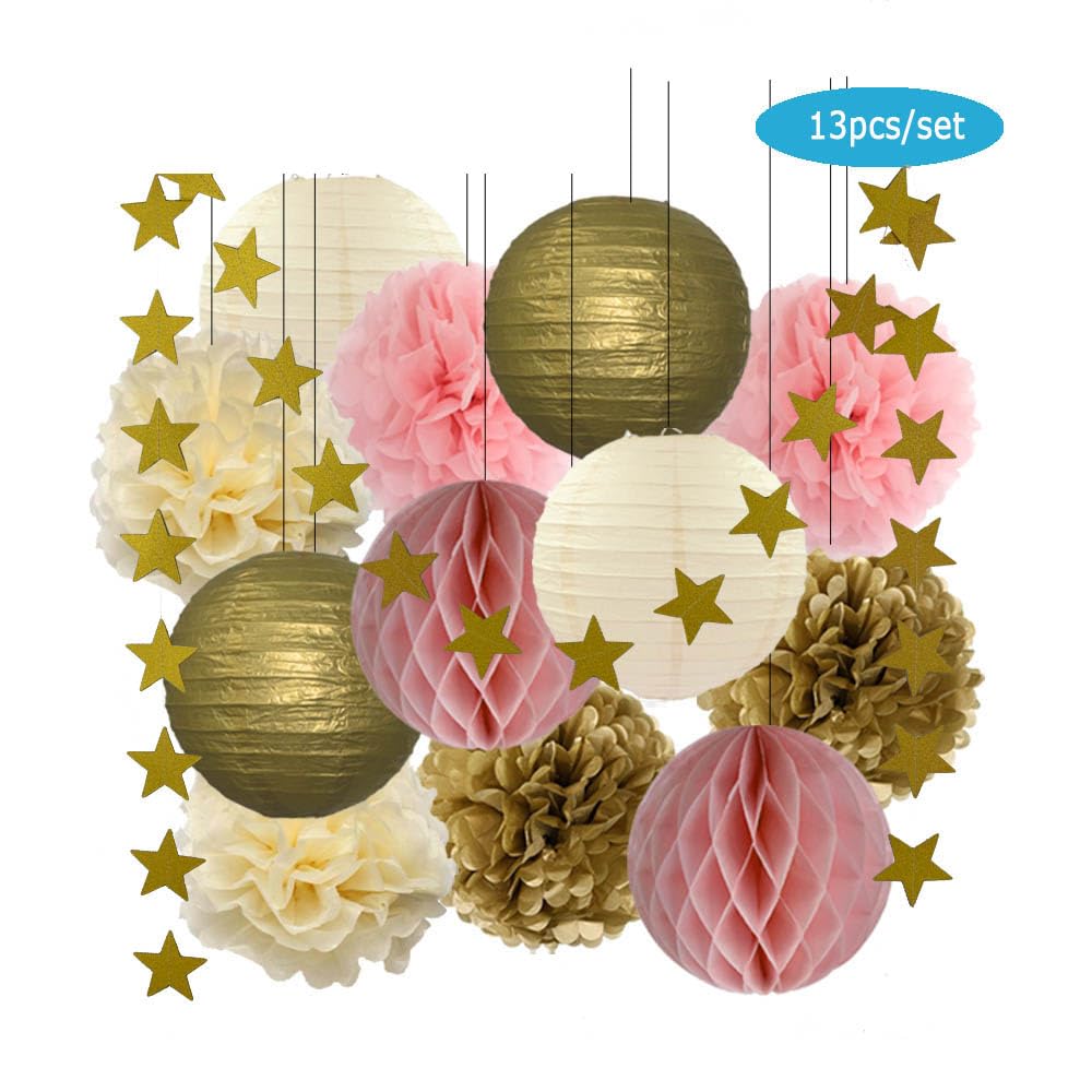 Papierowa latarnia, 13. urodziny Bar Mitzvah Party Favor Decor Złoty granatowy okrągły papierowy lampion Biały plaster miodu Chrzest DIY Brokatowa gwiazda(Gold Pink Set)