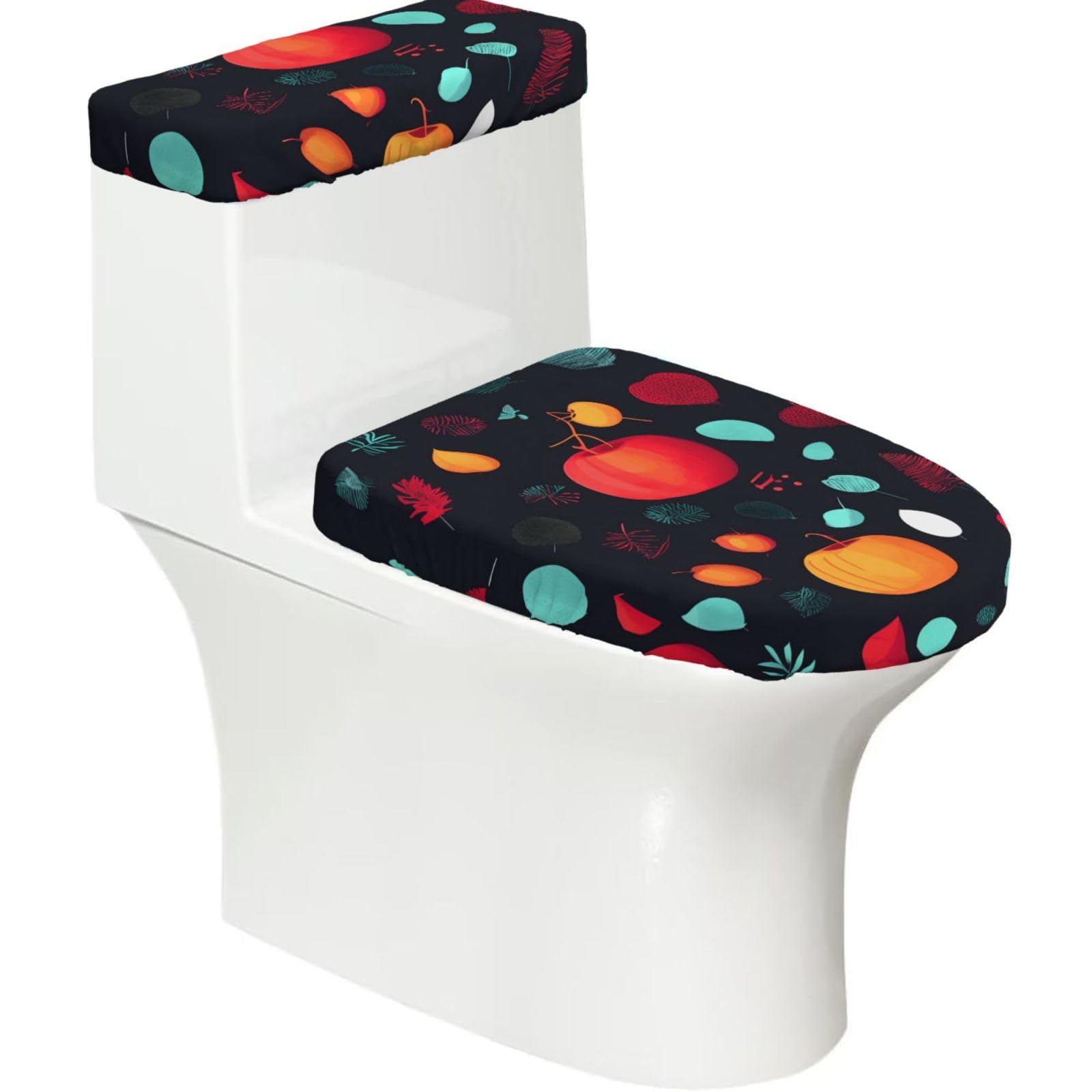 Cntdbu Black Pumpkin Flowers Elastic Toilet Cover Set Of 2-Stretchy Lid And Tank Covers For Bathroom, Soft Washable U Shape Toilet Decor