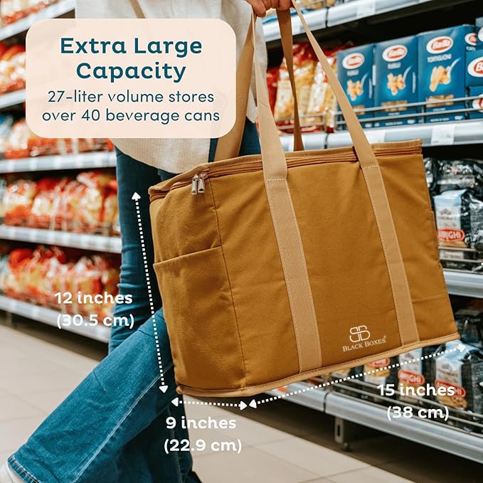 Image of Reusable Insulated Grocery Bag -Insulated Shopping Bags for Groceries - Travel Cooler for Frozen and Hot Food with Zippered Top (Jute)