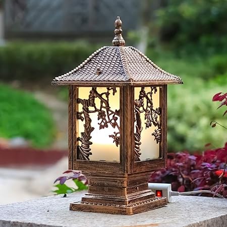 GUOCC Creative Chinese Retro Square Outdoor Lamp Gate Stigma Courtyard Garden Lamp Villa Wall Balcony Outdoor Lamp Aluminum Glass E27 Stigma Floor Lamp Lights Fixture (Color : Bronze)