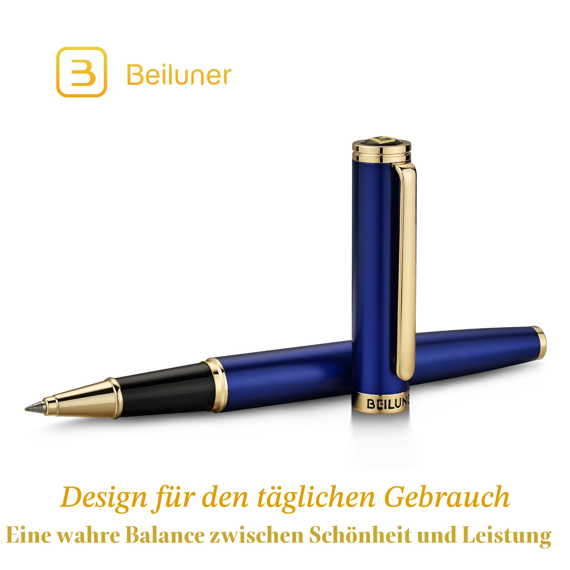BEILUNER Hochwertiger Tintenroller mit Echtvergoldung - Professioneller Kugelschreiber mit schwarzer Schneider 850 Mine - Geschenkbox - Luxus Schreibgerät für Business & Geschenkanlässe(Blau)