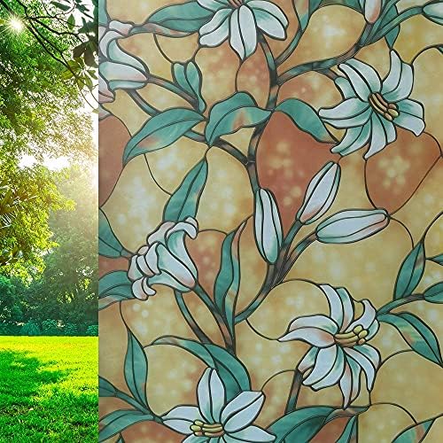 VSUDO 17.7"X78.7" Color Frosted Privacy Window Film, Removable No Glue Colorful Yellow Lily Orchid Flower Pattern Frosted Window Privacy Film, Opaque Glass Covering, Static Cling Window Sticker