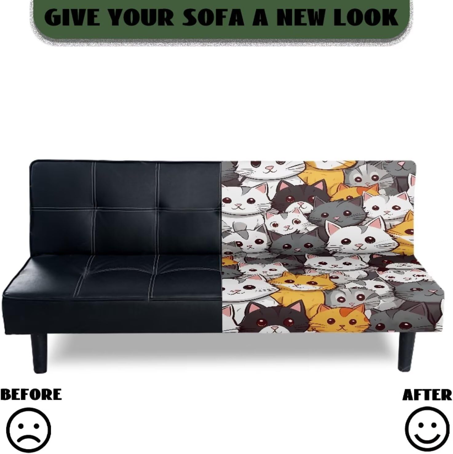 Futon Cover Elastic Soft Armless Futon Slipcover Decorative Spandex Fitted Furniture Protector for 3 Seater Full Size Folding Sofa Bed, Cartoon Cat Print