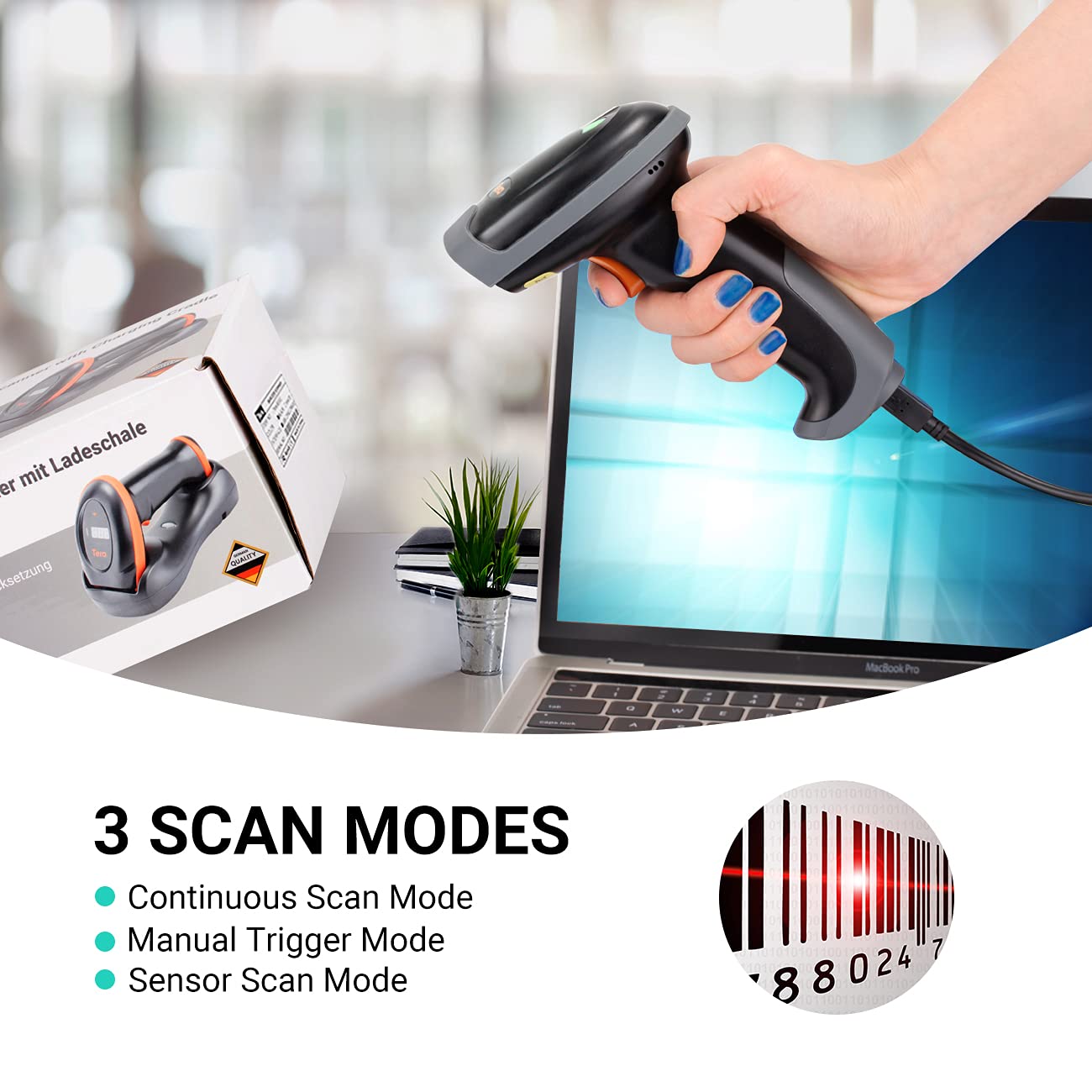 Tera Pro Series Scanner di codici a barre laser 1D USB Cablato e Bluetooth Scansione rapida e precisa per codici a barre ultra lunghi Plug and Play, L0013B-OG