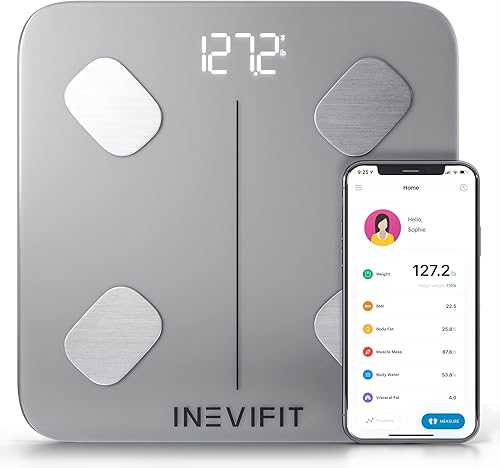 INEVIFIT Báscula inteligente de grasa corporal, analizador digital de composición corporal de baño Bluetooth de alta precisión, mide peso, grasa