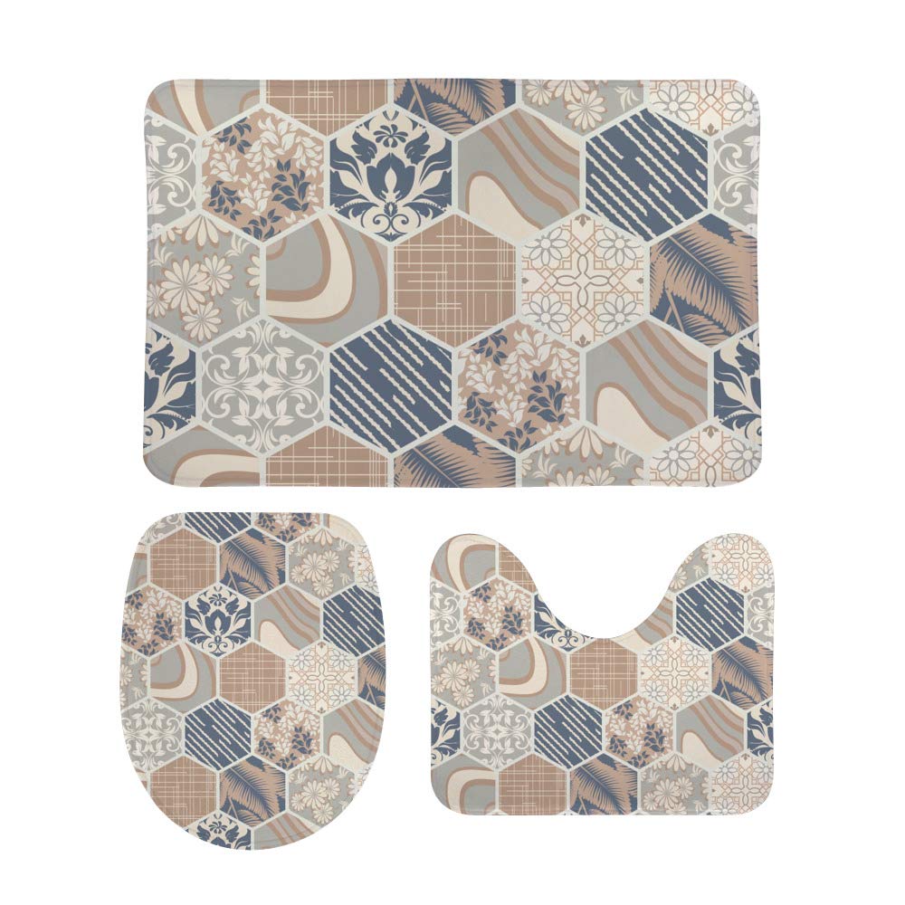 Tapis de bain hexagonaux Ruchen lot de 3 pièces en patchwork vintage multicolore