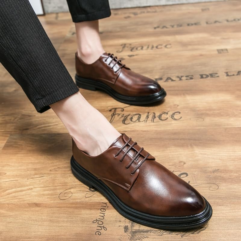 Dress Oxford for Men Lace Up Pointed Burnished Toe PU Leather Derby Shoes Rubber Sole Low Top Slip Resistant Block Heel Party2
